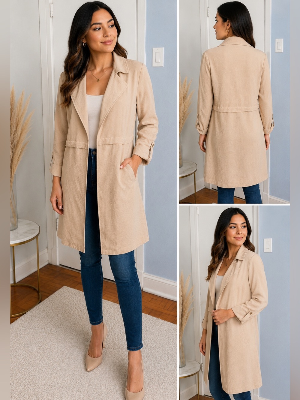 Women's Cream Trench Coat Jacket - Lightweight Longline